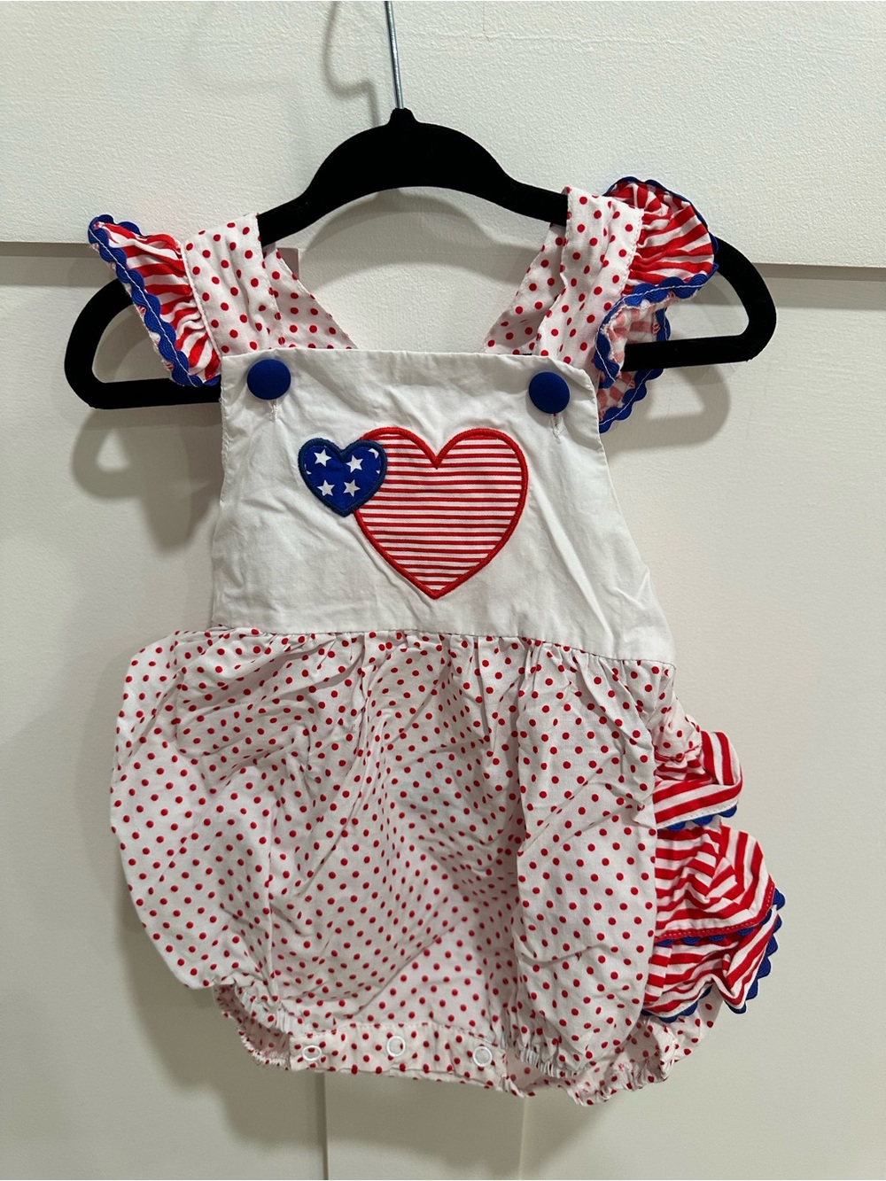 Girls White and Red Polka Dot Heart Footie with Blue Accents